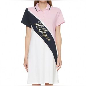Tommy Hilfiger Banner Stripe Gold Script Logo Polo Shirt Mini Dress Size S